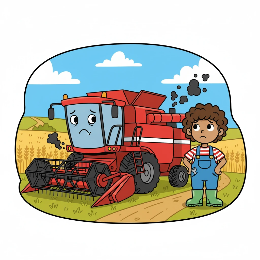 Next, the combine harvester would not start. It was a big, red machine. The farmer was worried!