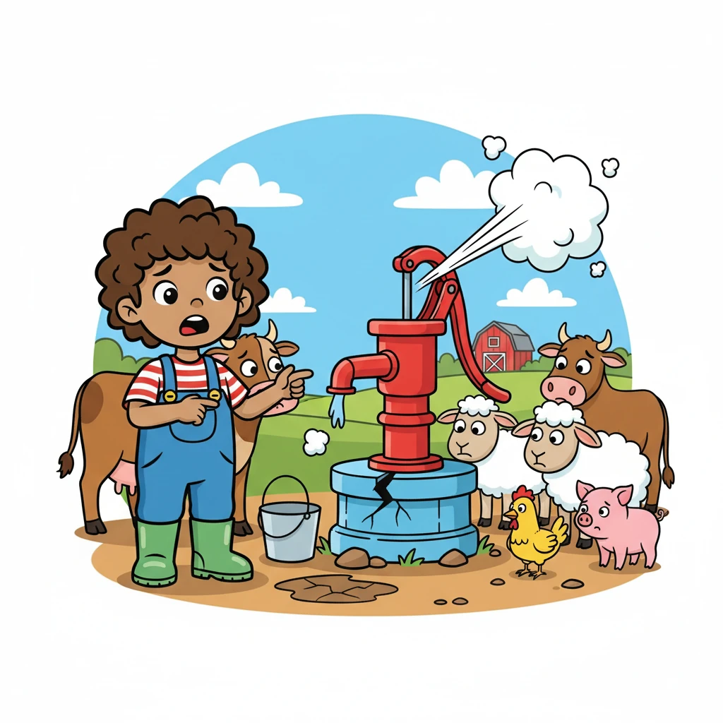 Then, the water pump made a strange hiss and stopped. The animals needed water! Pip knew something was wrong.