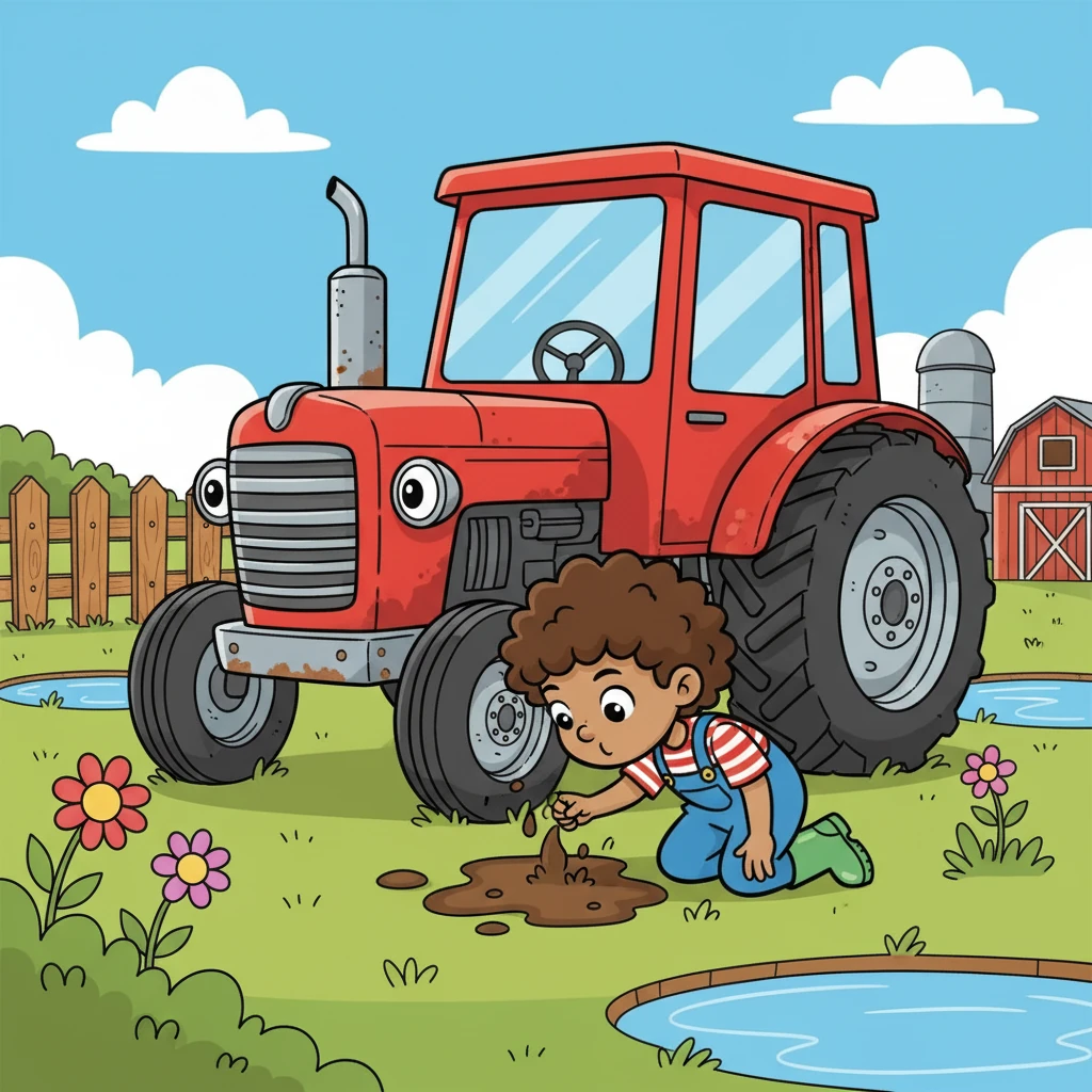 They found a small, wet patch near the tractor. "Hmm," said Dot, sniffing the ground. "It smells like… mud!"