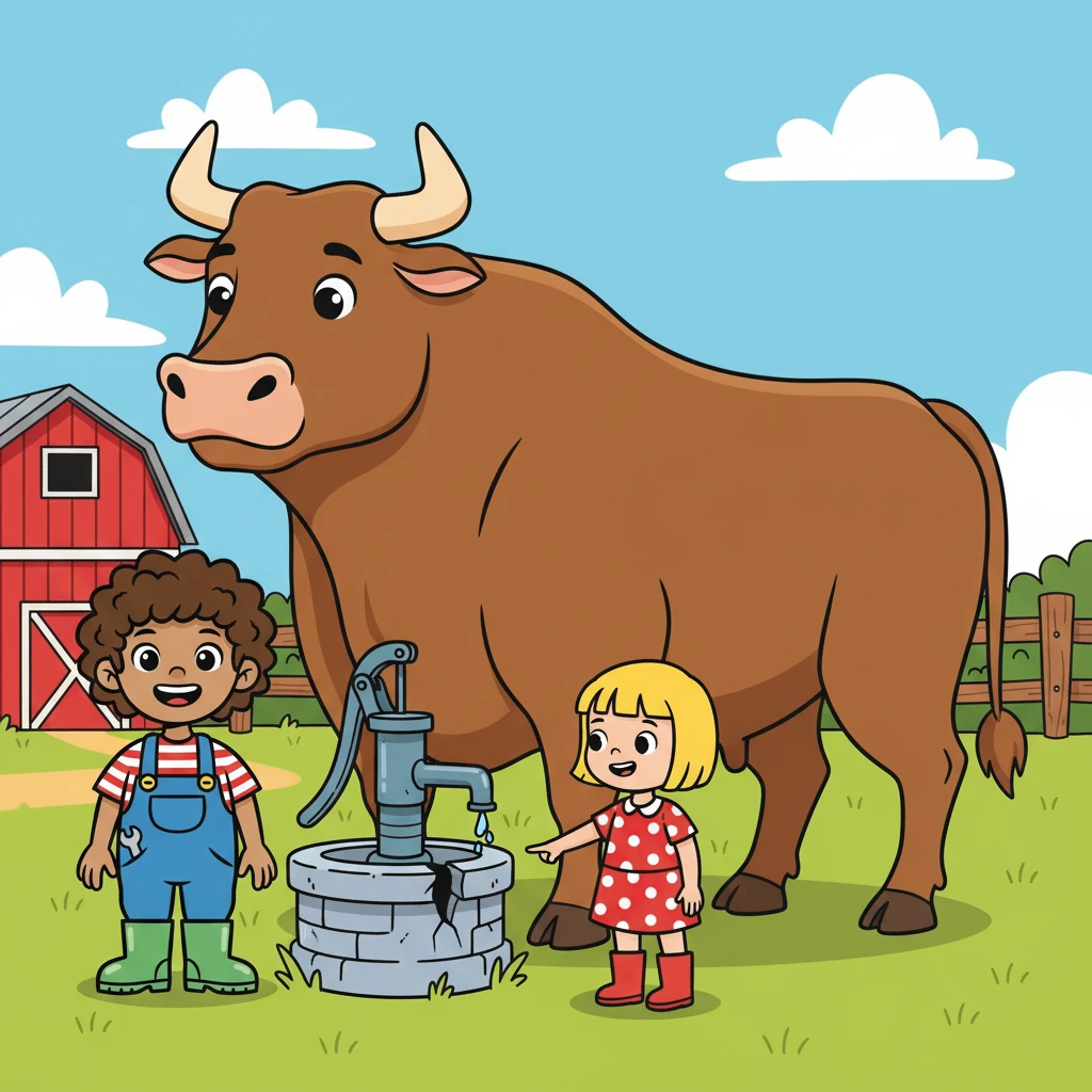 Pip and Dot went to see Ben the bull. Ben was very strong. They needed help to fix the pump.