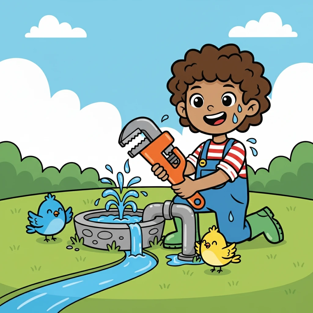 Ben helped Pip and Dot, and they found a loose pipe! They fixed it, and the water flowed.