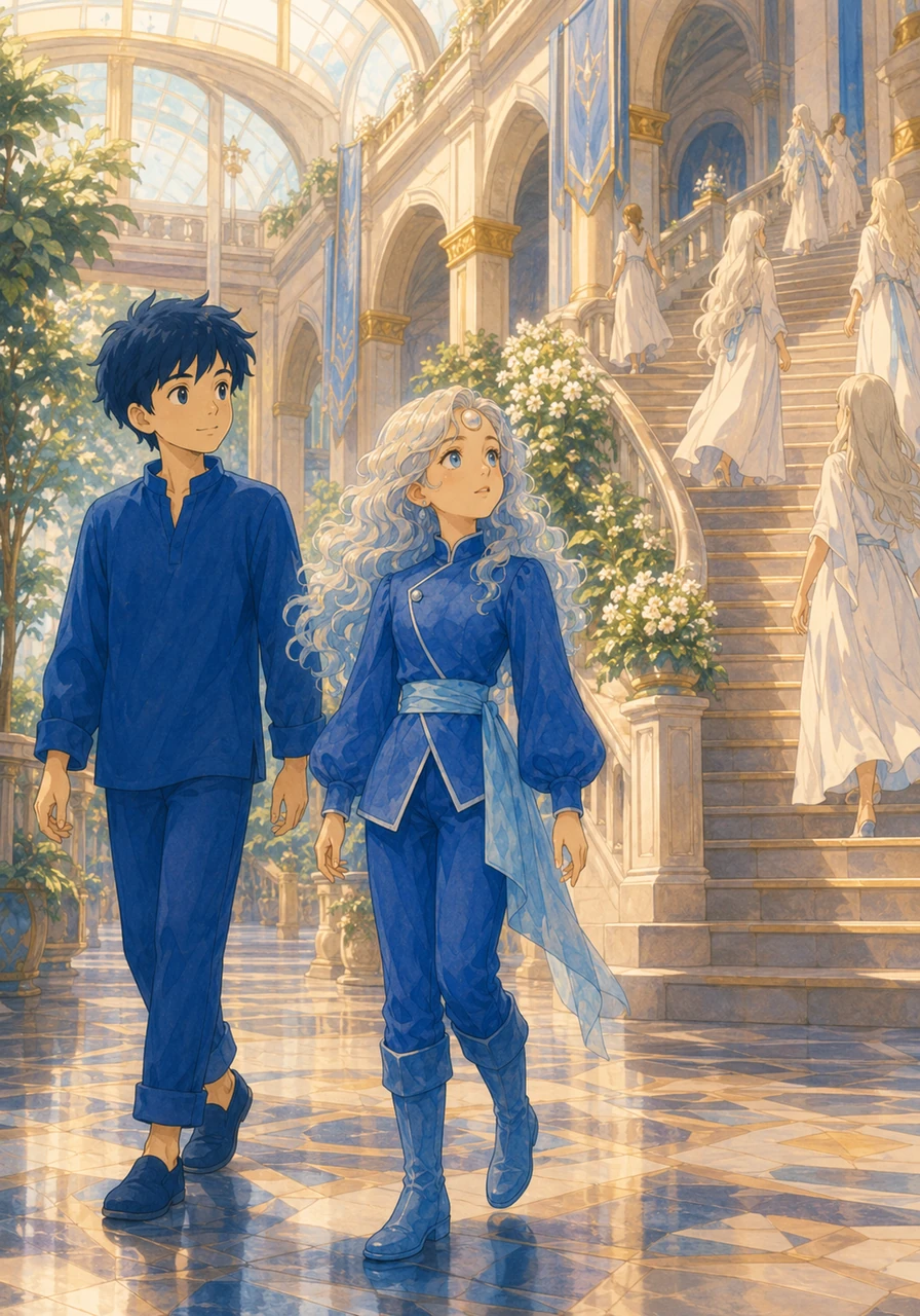 Mira, a vibrant Blue Bell with an accelerated gaze that hints at a maturity beyond her sixteen months, walks through the sunlit atrium with her dearest friend, Author. Dressed in her signature blue garments, she looks up at the grand staircase where the White Bells glide gracefully, viewing her future transition to adulthood with a sense of wonder and sacred tradition.