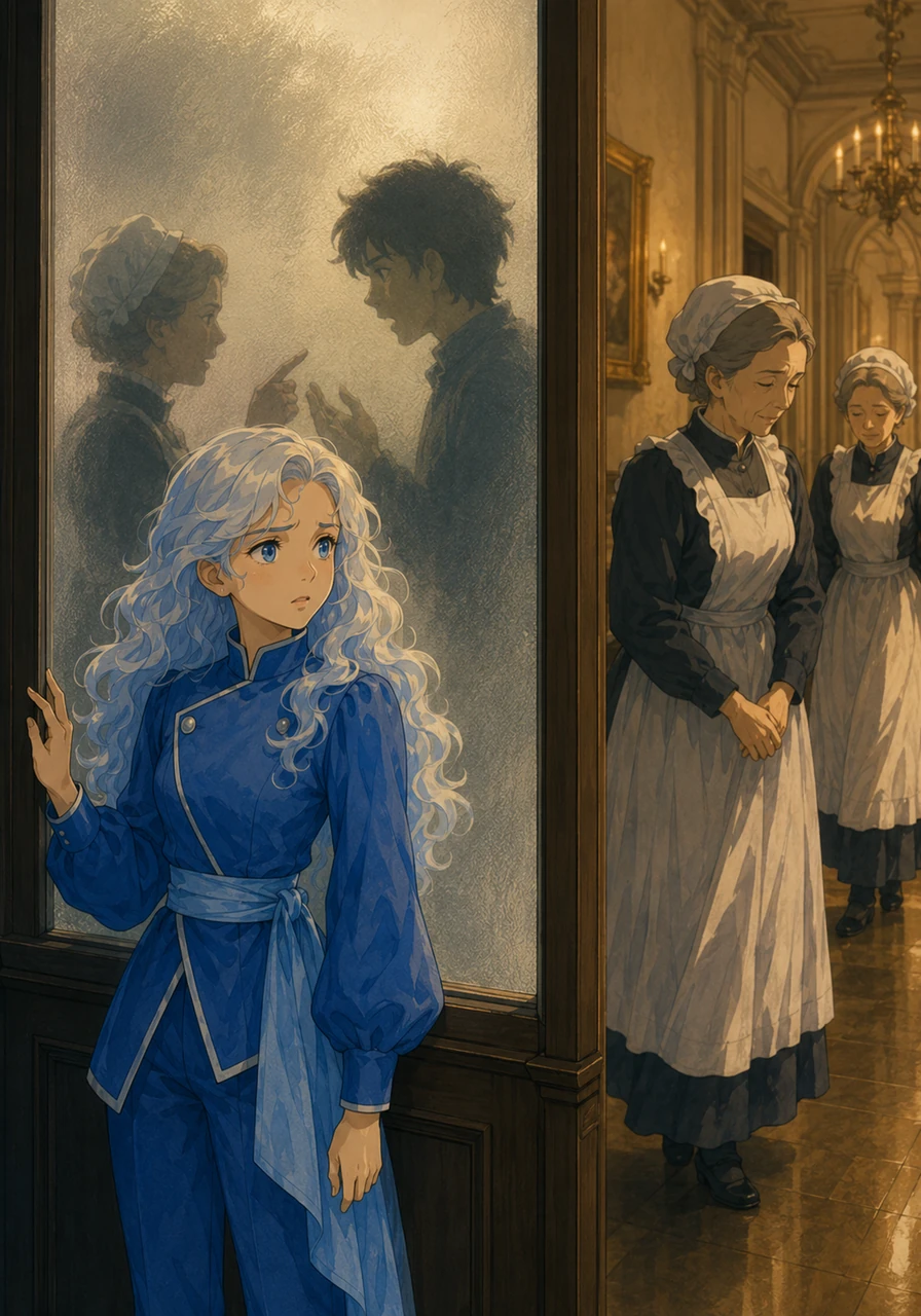 As the weeks pass, Mira begins to notice the subtle, unsettling rhythms of the mansion, watching the older White Bells carry heavy expressions behind their serene smiles. She stands by a frosted glass partition, listening to the muffled, urgent murmurs of the midwife Jeanie arguing with Joseph Rosewood, planting the first seeds of doubt in Mira's mind.