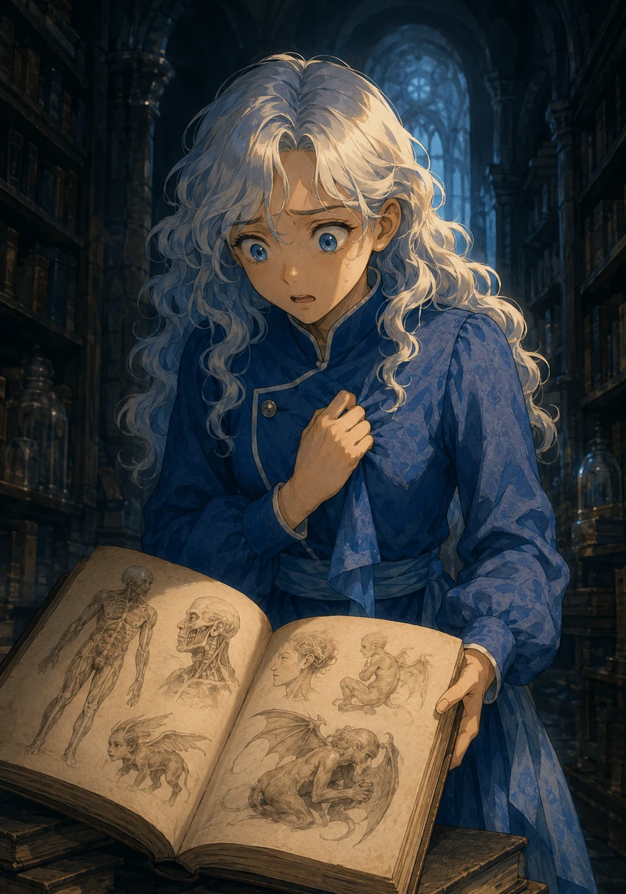 The illusion of their idyllic life shatters completely when Mira sneaks into the forbidden lower archives and discovers Joseph's detailed medical journals, tracking the rapid growth and forced duties of the women before her. Clutching her blue dress, she stares at the cold technical diagrams of the 'pearl hybrid' project, her naivety melting away into a chilling realization of their true purpose.