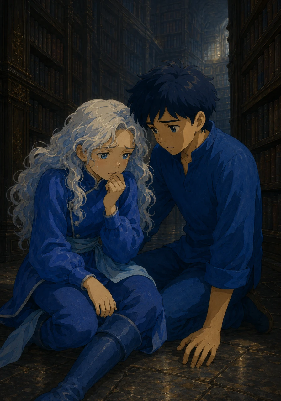 Mira shares the grim truth with Author in the dim light of the library, their hushed whispers filled with an intense, helpless grief as they realize they are all trapped within an inescapable cycle. The colorful clothes they wear no longer feel like symbols of growth, but rather uniform labels in a beautiful, gilded prison controlled entirely by the master of the house.