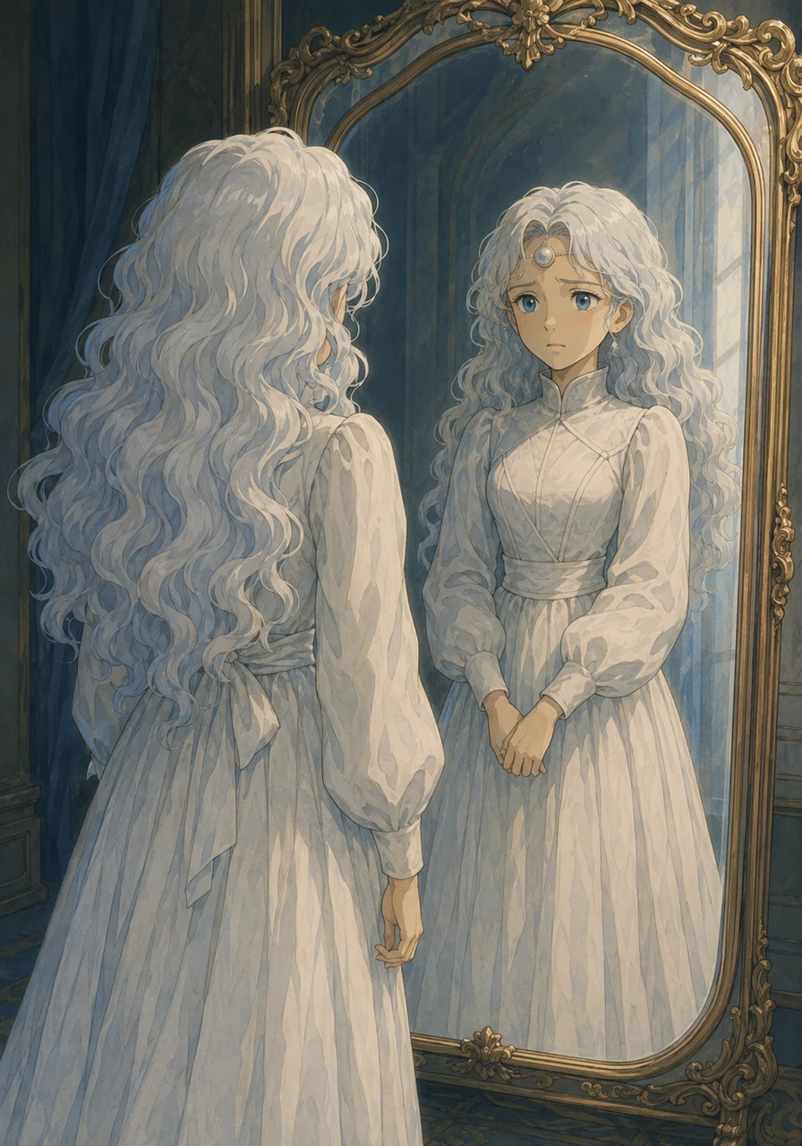 The day of transition arrives, and Mira stands before a mirror in a stark white gown, staring at her reflection as she officially becomes a White Bell. The fabric feels heavy and suffocating, no longer representing a proud coming-of-age, but rather her induction into the grim, mandatory duties of Joseph's grand experiment.
