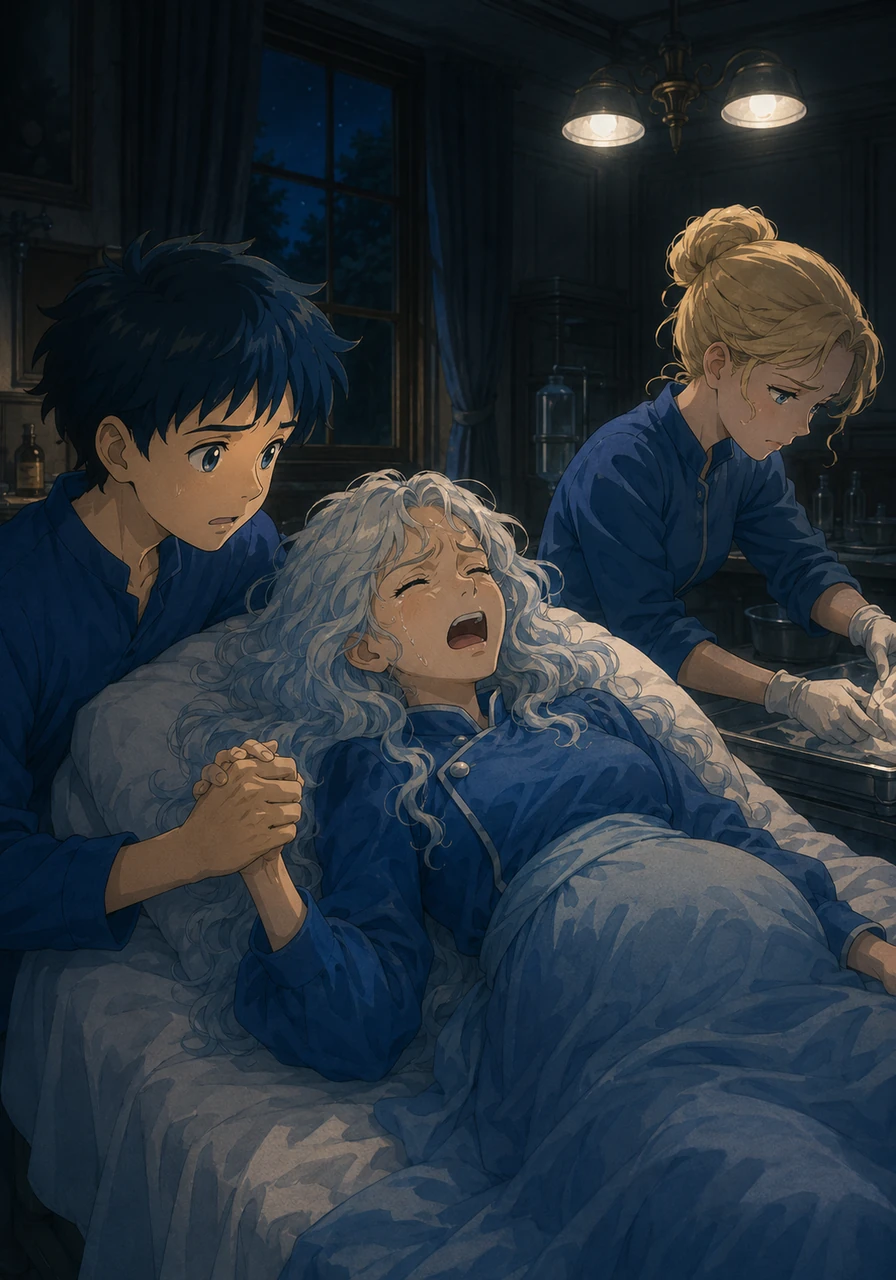 In the deepest hours of the night, Mira holds the hand of her friend Layla, who is pale and trembling through a painful, traumatic labor in the mansion's sterile clinic. Jeanie works quickly under the dim overhead lights, her face etched with a mixture of practiced stoicism and profound sorrow for the new life entering the world.