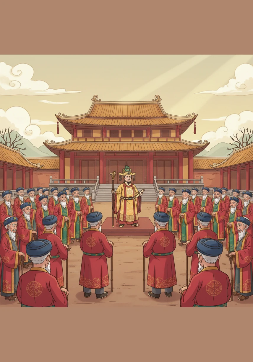 Điện Diên Hồng rực rỡ dưới ánh nắng vàng của mùa đông, nơi chuẩn bị diễn ra cuộc trưng cầu dân ý vĩ đại đầu tiên trong lịch sử dân tộc. Không khí trang nghiêm và hào hùng bao trùm khi hàng trăm vị bô lão đại diện cho tiếng nói của toàn dân tề tựu đông đủ.