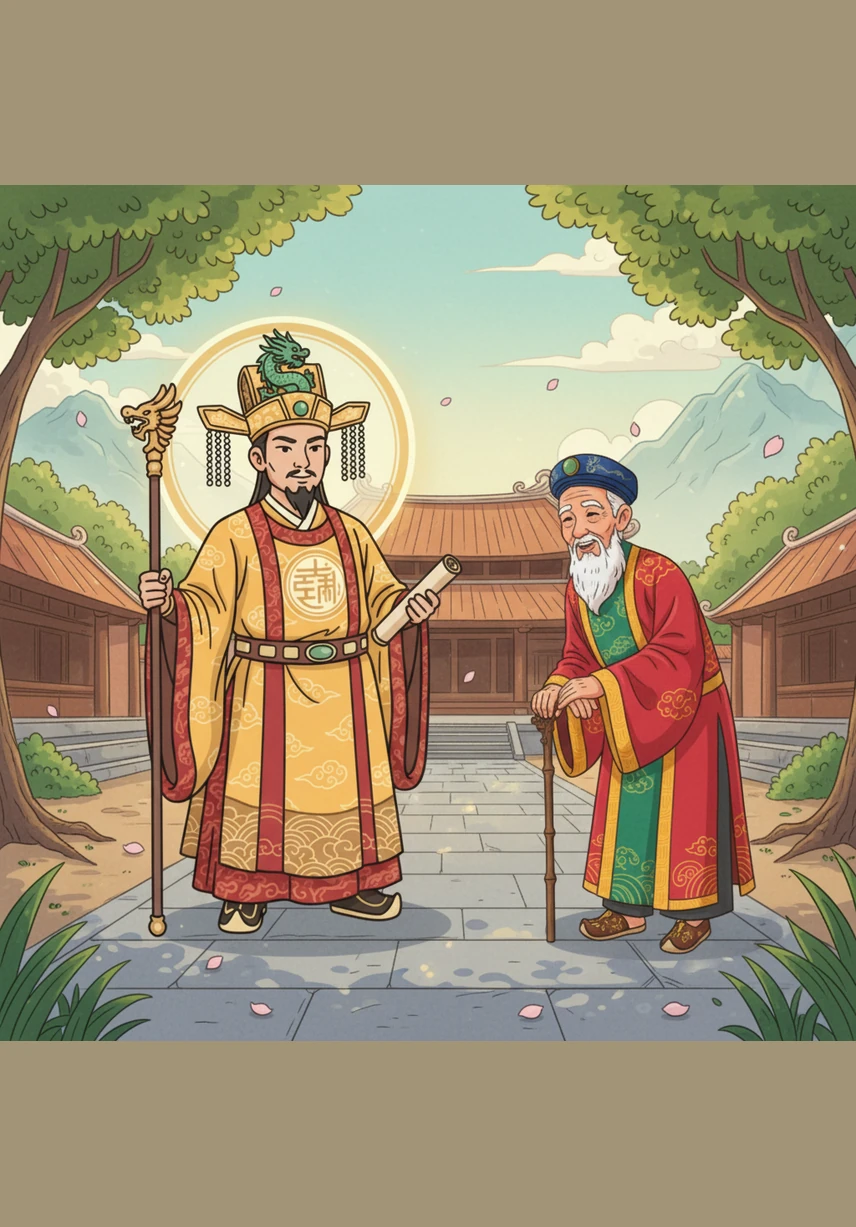 Vua Trần Nhân Tông bước ra với vẻ uy nghi nhưng vô cùng gần gũi, cúi chào những bậc cao niên đại diện cho tổ tiên và dòng tộc. Người bày tỏ sự tôn trọng sâu sắc đối với kinh nghiệm và trí tuệ của những người đã dành cả đời gắn bó, vun đắp cho mảnh đất này.