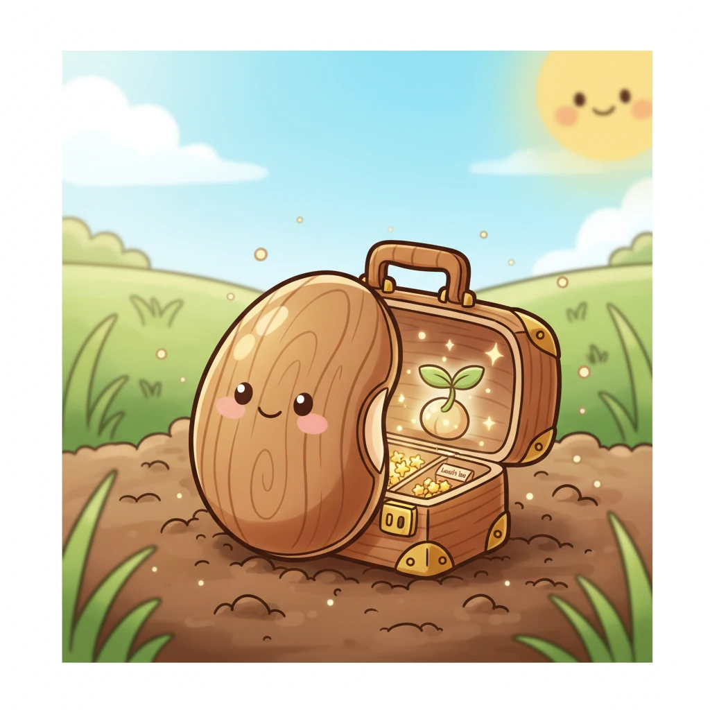 一颗小小的豆豆种子，静静地躺在那里。它就像一个神奇的迷你行李箱，里面装着植物宝宝开启生命所需的一切。一个微小的“植物雏形”和一份能量满满的“午餐盒”都藏在里面，等待着被唤醒。