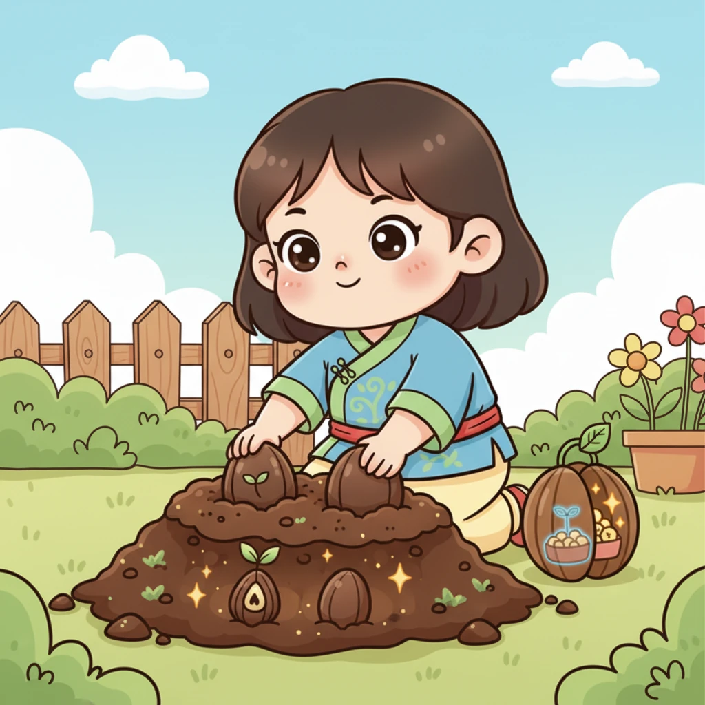 园丁妈妈轻轻地将两颗豆豆种子埋进了柔软的褐色泥土里。泥土温暖又舒适，仿佛是给它们盖上了一床松软的被子。豆豆们在地下安静地等待着。