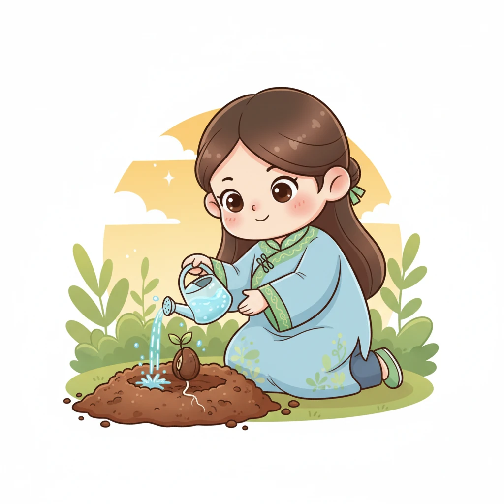 园丁妈妈给第一颗豆豆浇了一些清凉的水。水滴像小精灵一样渗入豆豆的身体，让它变得胖乎乎、软绵绵。很快，一根细小的根芽害羞地钻了出来，紧紧地抓住了泥土妈妈。