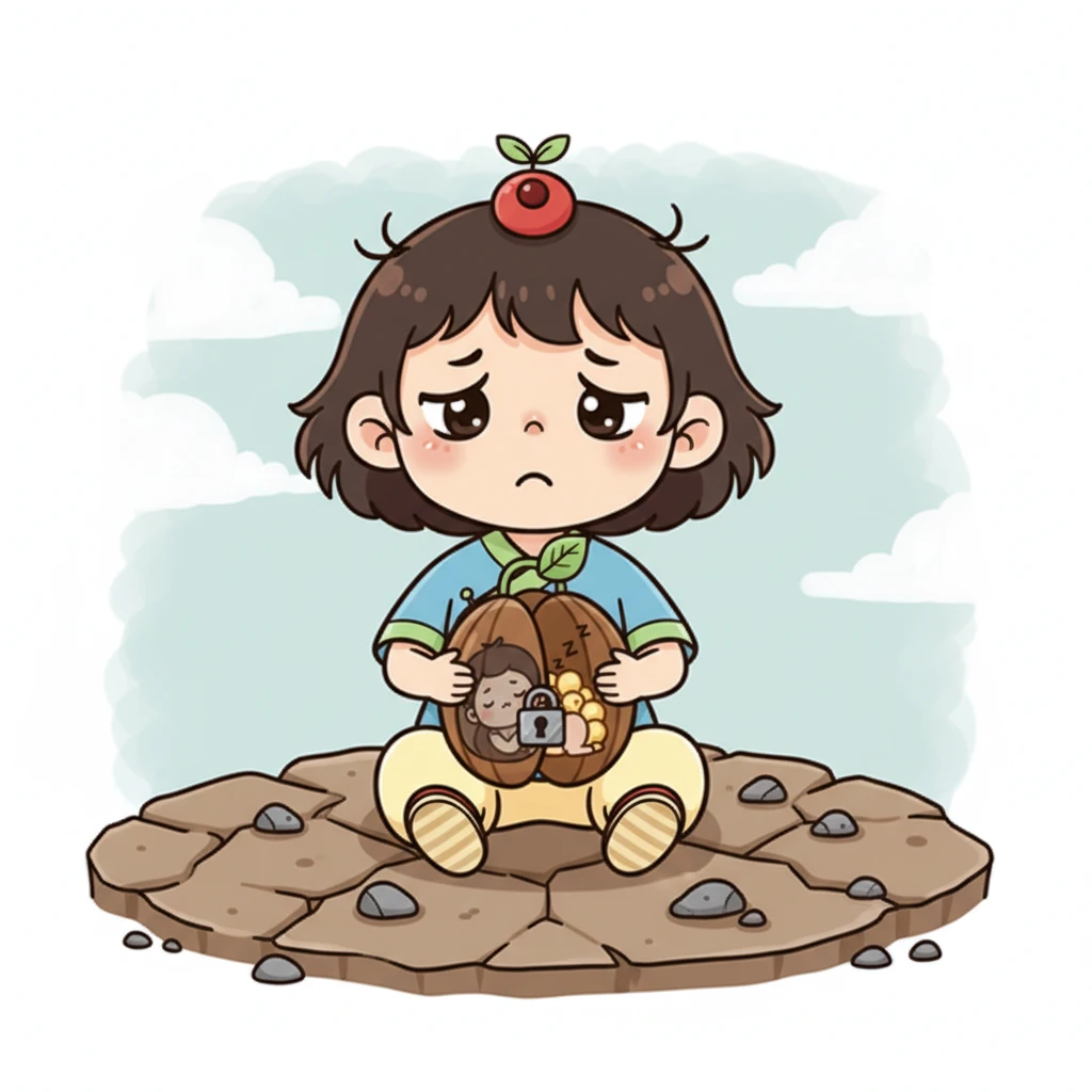 可是，另一颗豆豆却一点水也没得到。它依然干燥而坚硬，就像一块小石头。它的“神奇行李箱”紧紧地锁着，里面的植物宝宝还在呼呼大睡，因为它没有收到任何生长的信号。