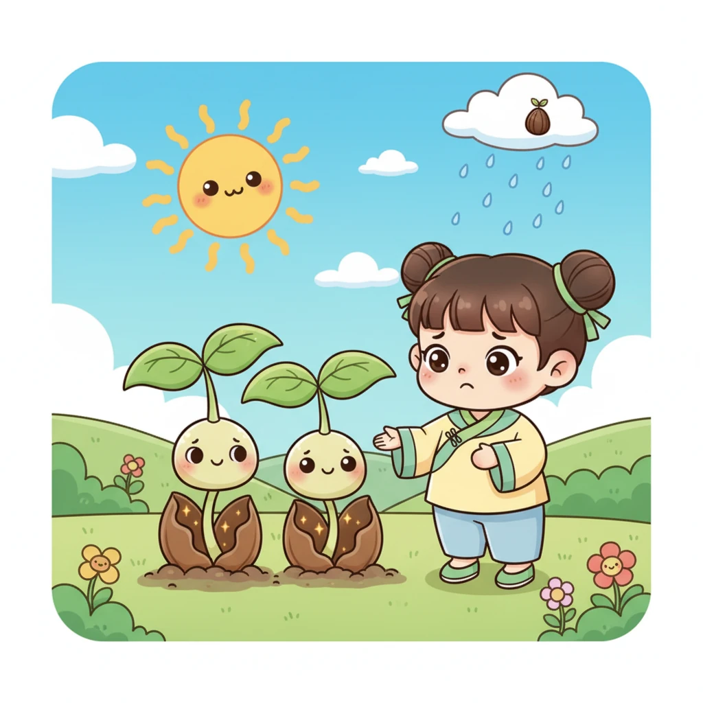 随着时间的推移，第一颗豆豆已经长成了两株可爱的豆苗。种子里的“午餐盒”能量快要用完了，它们需要新的方式来获取能量。让我们看看它们接下来会发生什么。