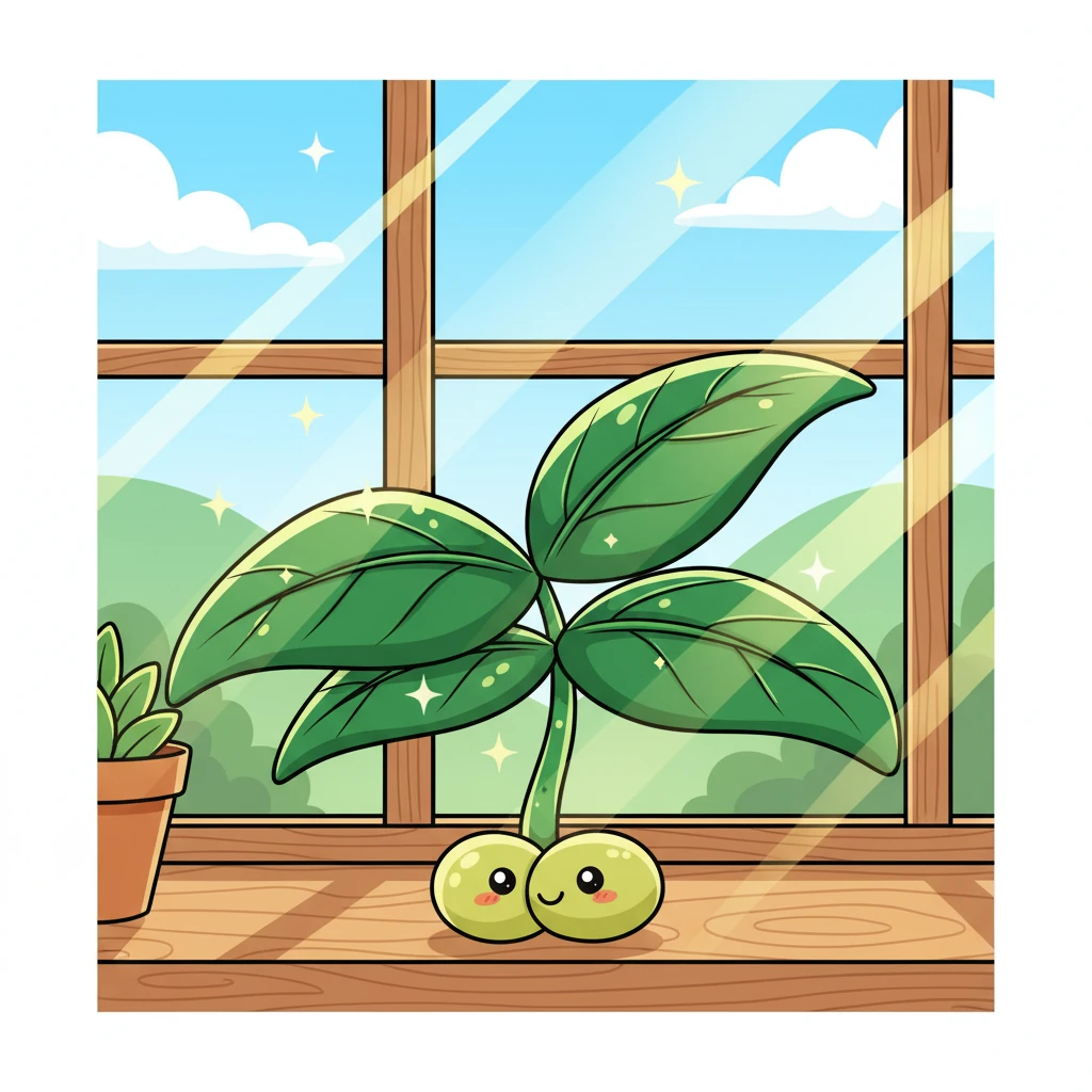 一株豆苗被放在了阳光明媚的窗台上。它的叶子宽大又强壮，颜色是漂亮的深绿色，充满了活力。它像小太阳能板一样，努力吸收阳光，为自己制造美味的食物，长得越来越高。