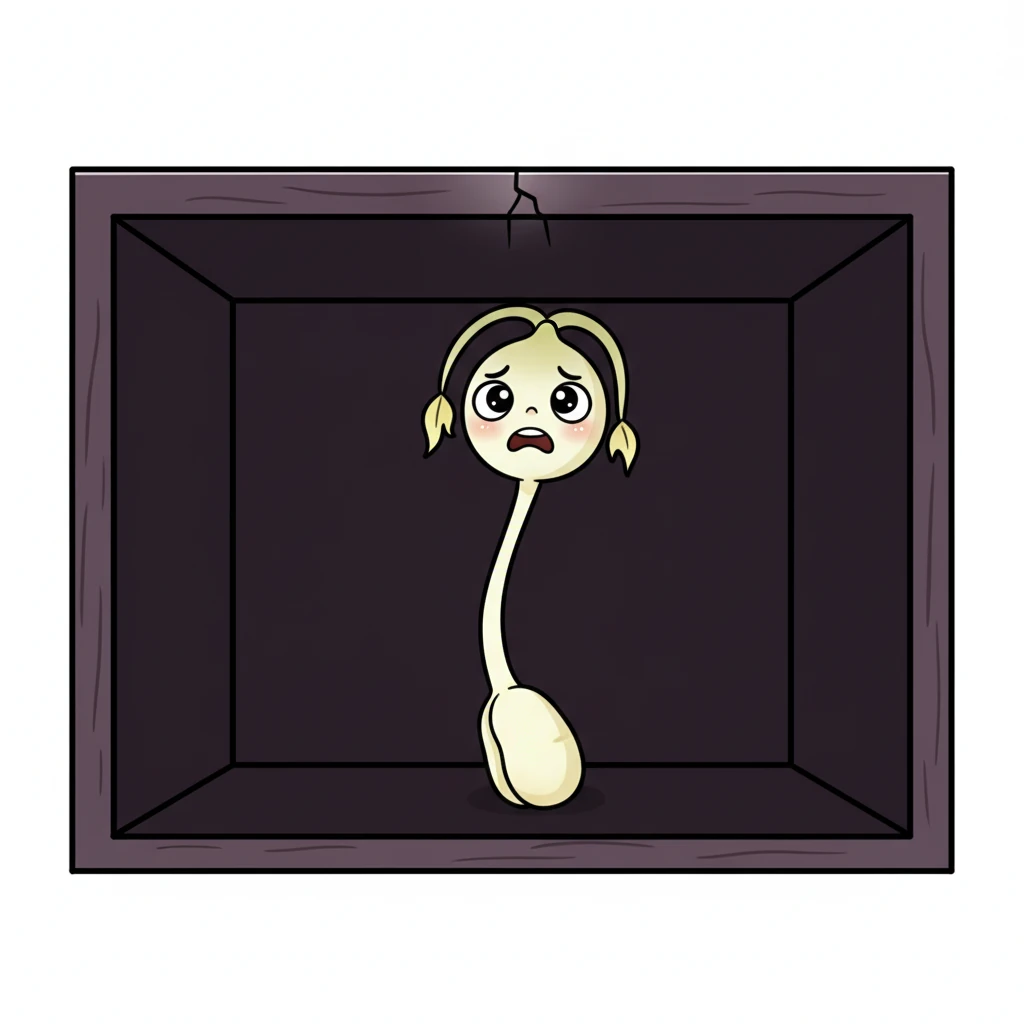 另一株豆苗却被关进了黑漆漆的壁橱里。它拼命地伸长脖子，想要寻找光亮，但周围一片黑暗。它变得苍白又虚弱，茎又细又长，叶子也小小的、黄黄的，可怜兮兮。