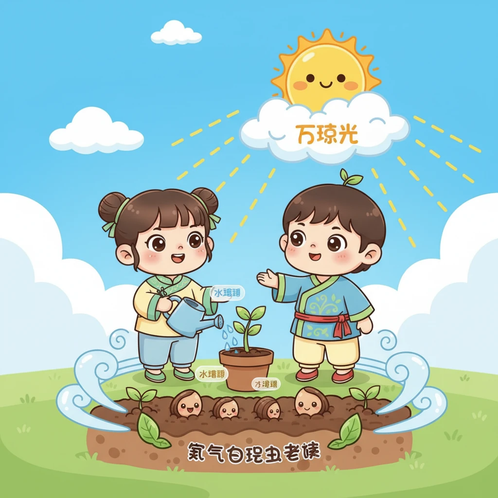 通过观察豆豆们，我们学到了植物健康成长的秘密配方！它们主要需要三样东西：清凉的“水精灵”、温暖的“太阳光”和舒适的“空气与泥土之家”。有了这些，植物才能茁壮成长。