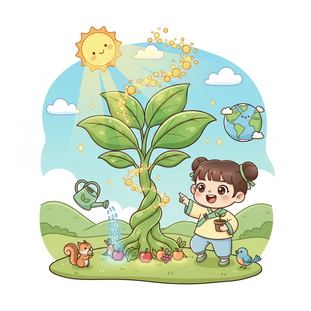 看！当植物拥有充足的阳光和适量的水分时，它就变成了一台神奇的“绿色机器”！它将太阳能转化为生命力，帮助地球呼吸，还为小动物和我们人类提供美味的食物。种子的力量，真是太棒了！