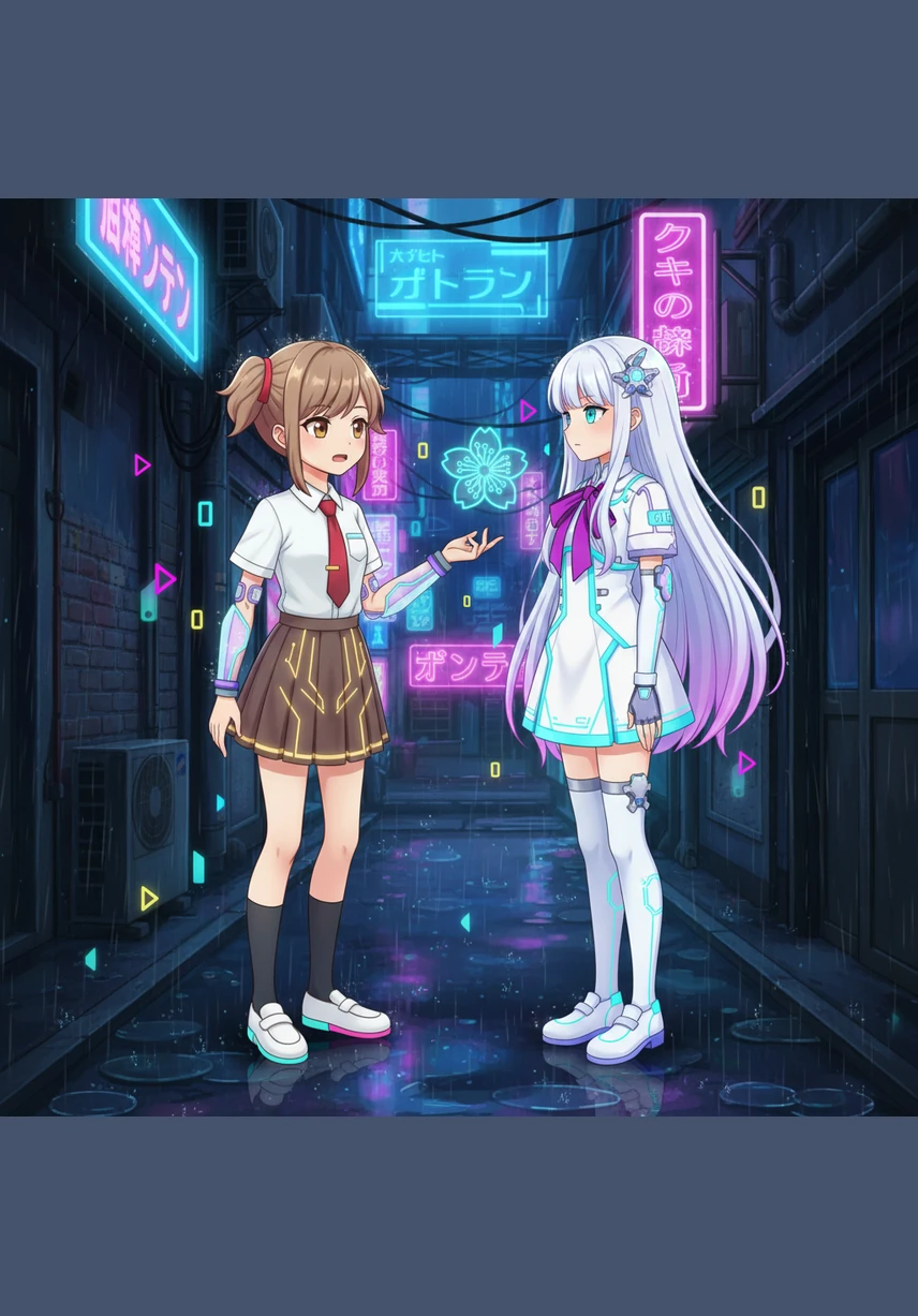 Walking behind the school idol Rena, Haru bows deeply to apologize for his distracting face. He suggests wearing a surgical mask or not washing his hair just to look more like a commoner, while Rena watches him with a mix of annoyance and amusement.