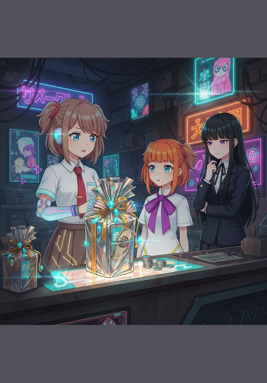 Haru gift-wraps a cheap bottle of dish soap for a customer as if it were a royal treasure, secretly tucking a large bill into the packaging. He struggles to understand the concept of small change, confused by any number that doesn't end in several zeros.