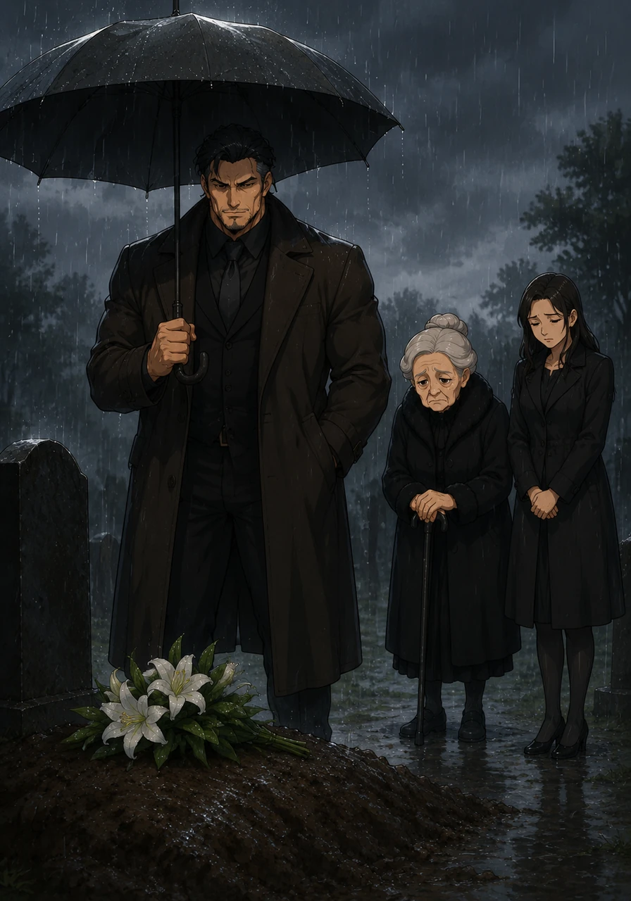 Akihito stands at the graveside clutching a black umbrella against the driving rain, his expression hollow and grief-stricken as he stares down at the wet earth, his wool coat dark and heavy against the misty cold.