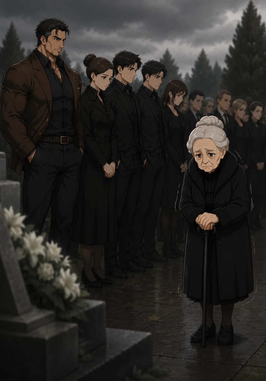 The funeral crowd, including his parents and siblings, stands in a somber, detached line, while his grandmother Kate stands trembling nearby, looking fragile and small in her mourning clothes.