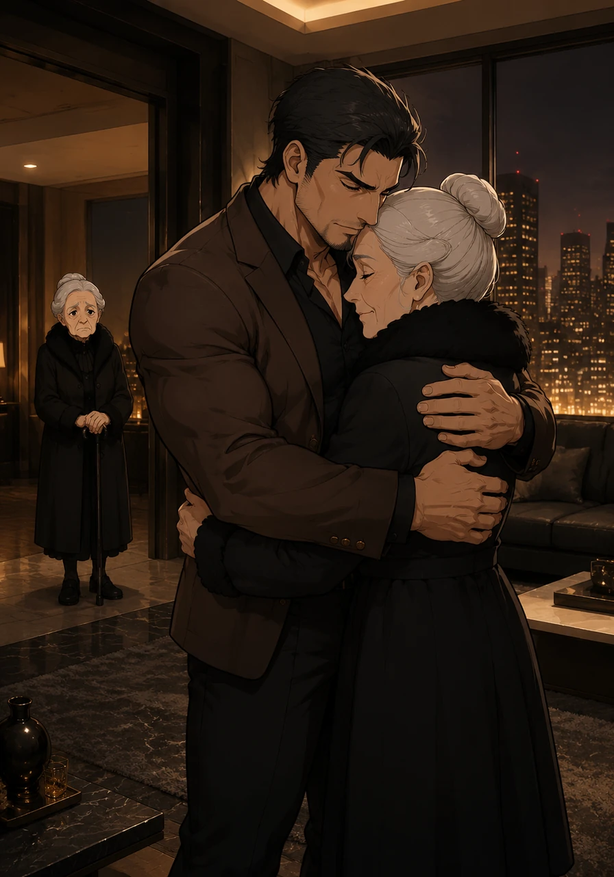 A sudden shift to the past reveals Akihito and Asami in the penthouse, the tension of their recent reconciliation palpable as they embrace, the room dimly lit by the golden glow of city lights through the window.