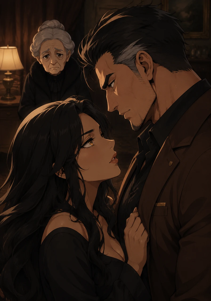 A close-up of Asami's golden eyes watching Akihito with an intense, possessive gaze, the atmosphere thick with unspoken electricity and the remnants of their heated argument now replaced by intimacy.