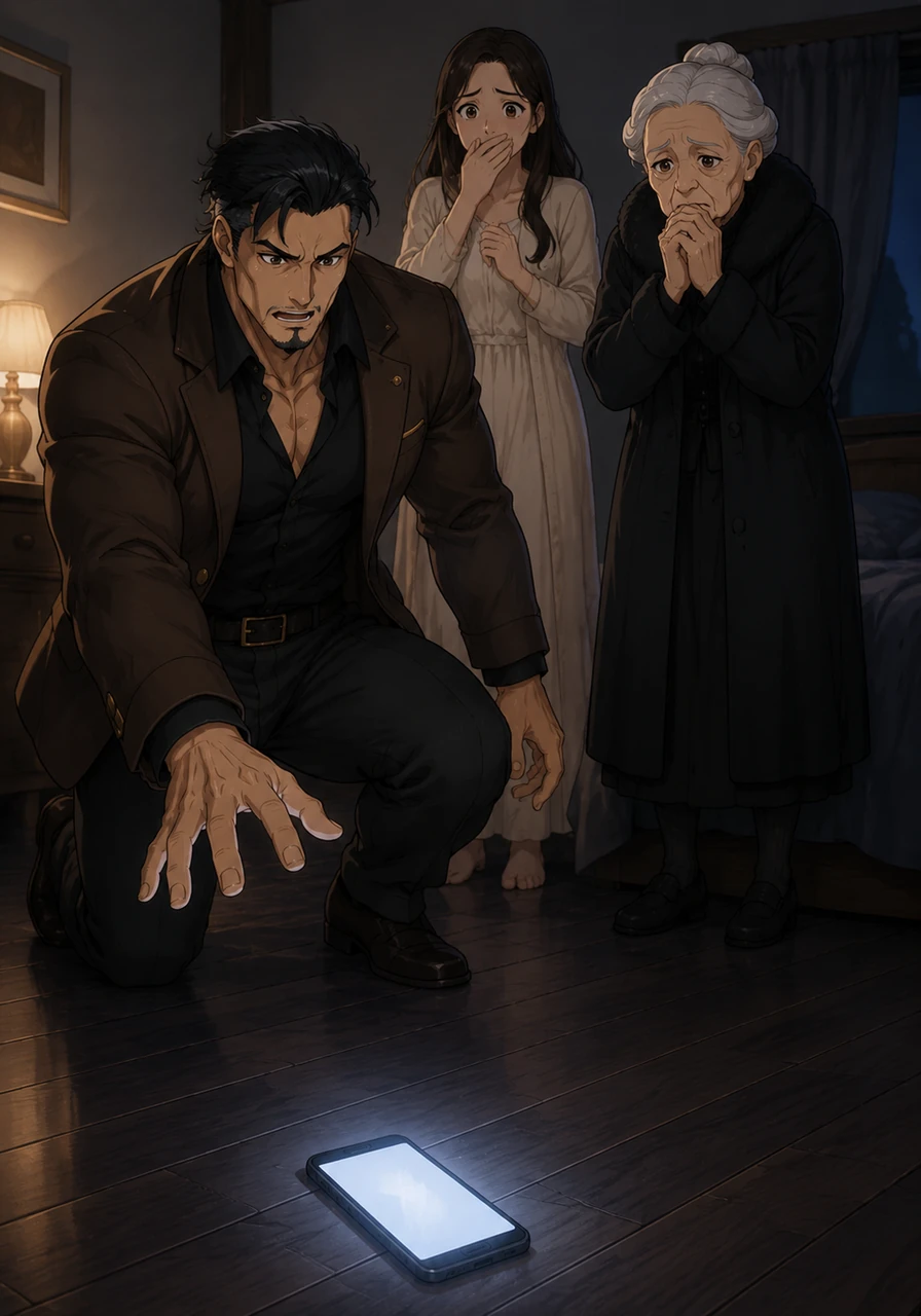 The phone lies on the bedroom floor, its screen glowing in the darkness, as Akihito freezes, his hand still outstretched, the sudden shock of the tragic news washing over his face.