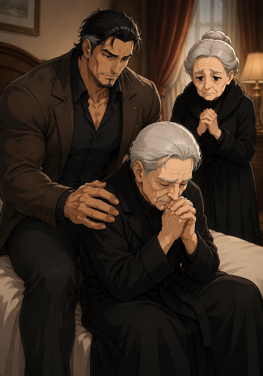 Asami shifts from his position on the bed, his expression softening from passion into one of immediate, grounding concern as he reaches out to steady Akihito's shoulder.