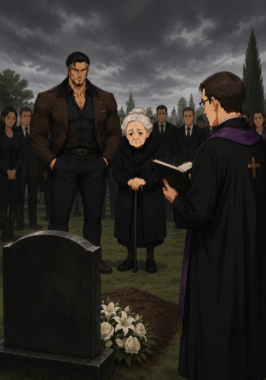 Back to the present, the priest speaks at the graveside, the grey, oppressive sky hanging low over the cemetery, casting long, somber shadows over the mourners.