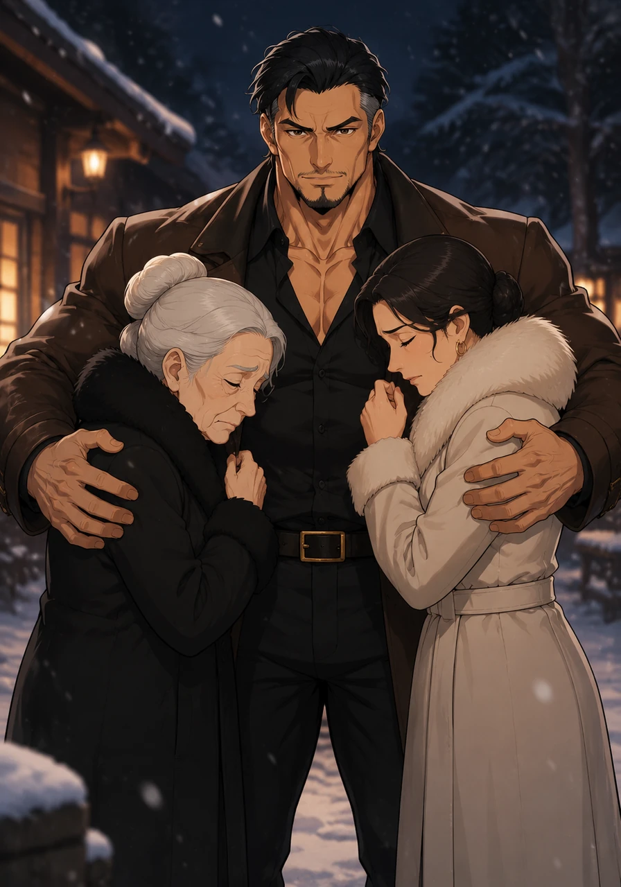 Akihito stands tall amidst his family, his eyes clear and determined, as he offers his arms to his grieving grandmother and Aunt Eddie, shielding them from the biting cold.