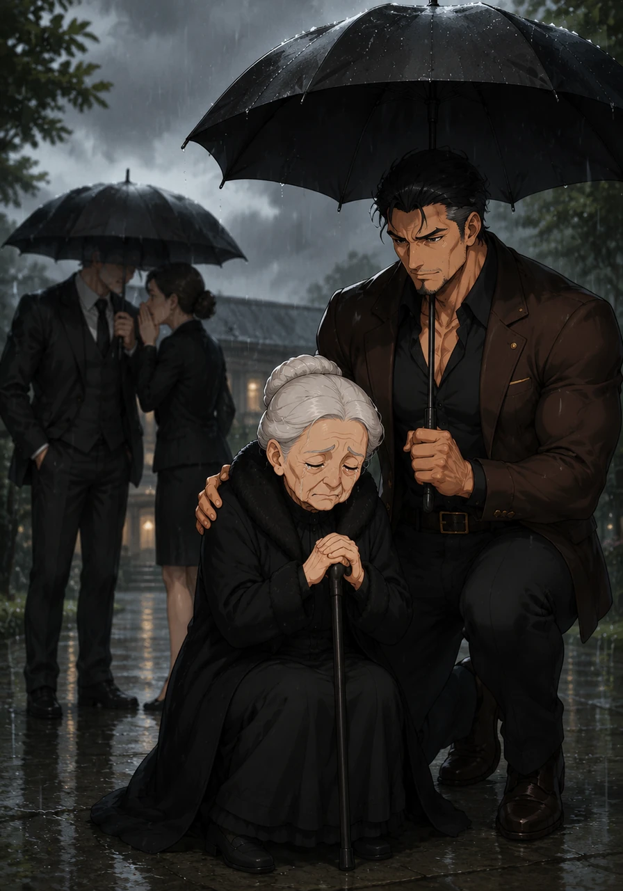 A sharp contrast as Akihito’s parents are shown in the background, their faces obscured by umbrellas, whispering intently about inheritance and assets, completely oblivious to the emotional weight of the moment.