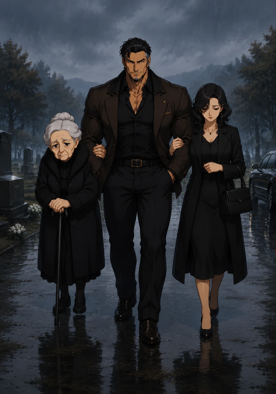 Akihito leads his grandmother and aunt away from the graveside toward the parking lot, his silhouette framed against the misty, rain-slicked landscape, embodying a newfound sense of duty and strength.