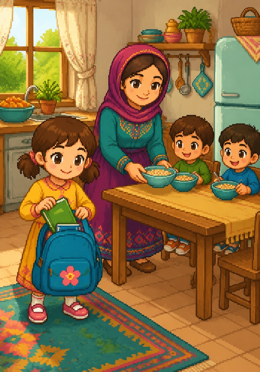 Miri carefully packs her blue backpack and helps her mother set out bowls of cereal for her little brothers. She wears a bright, modest dress and a big smile, feeling proud of her morning responsibilities in their sun-filled kitchen.
