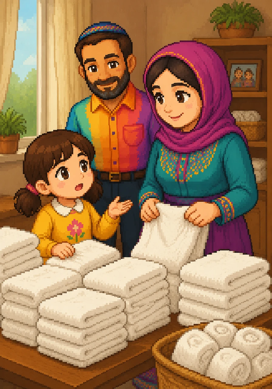 While helping her mother fold a mountain of soft, white towels, Miri looks up with a curious expression. She asks her mother why people have to work so hard if Hashem is the one who ultimately takes care of everything.