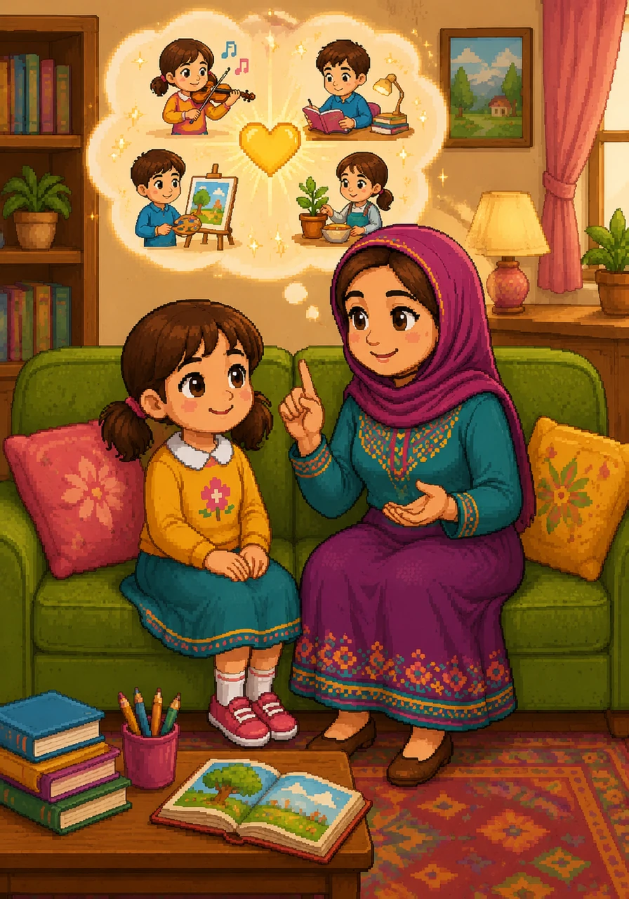 Mommy and Miri sit together on a cozy green couch surrounded by colorful pillows and books. Mommy explains that Hashem gives us talents and the ability to work so that we can feel the joy of being independent and responsible.