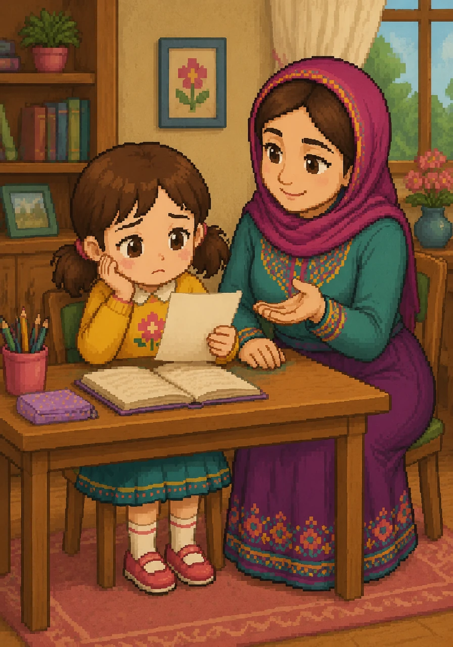 Miri sits at her wooden desk with a spelling test in her hand, looking a little bit sad despite her hard work. Her mother sits beside her, gently explaining that while we must try our best, the final result is always in Hashem’s hands.