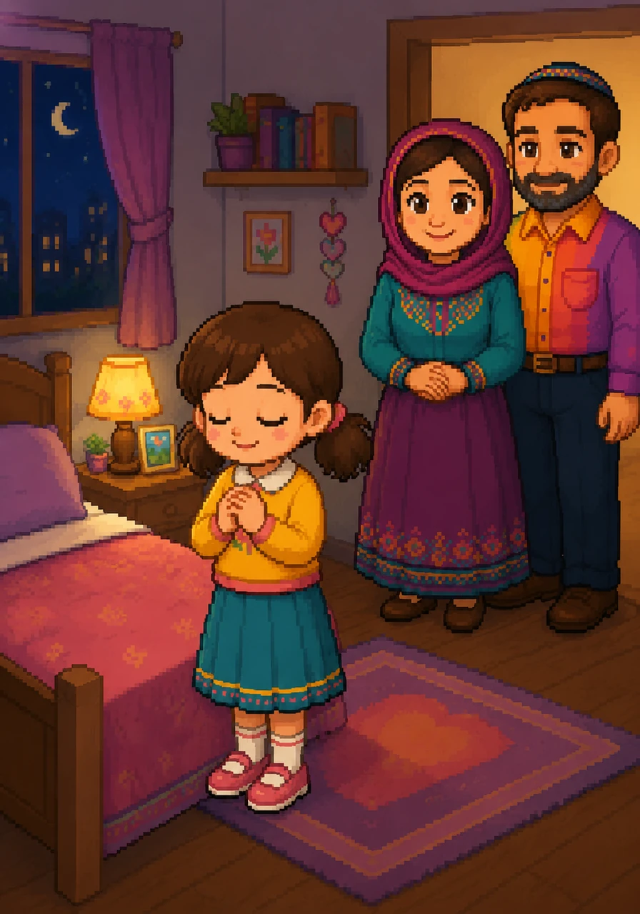 That night, Miri stands by her bed with her eyes closed in prayer, feeling a new sense of peace. She realizes that talking to Hashem helps her stay grounded even when she is busy with school and chores.