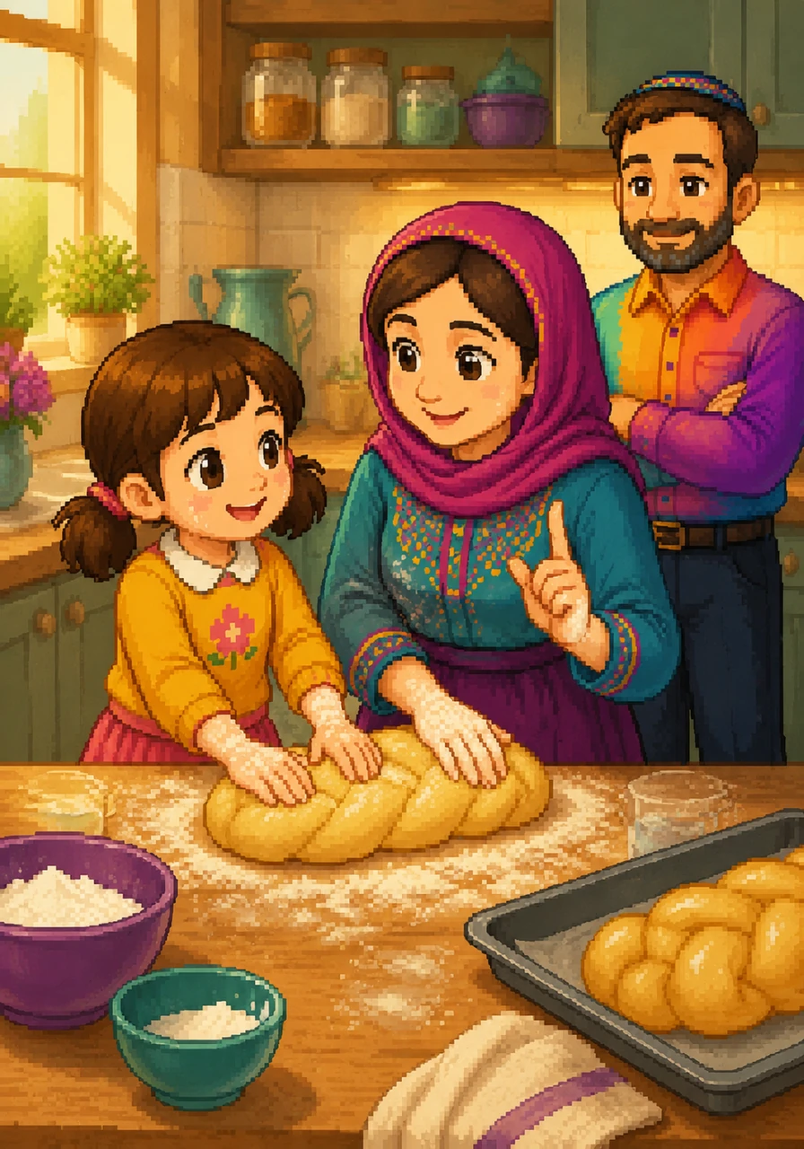 Miri and her mother stand in the sunlit kitchen, their hands covered in flour as they knead golden dough for Shabbos challah. Mommy explains that even simple tasks like baking become spiritual when we remember Hashem while doing them.