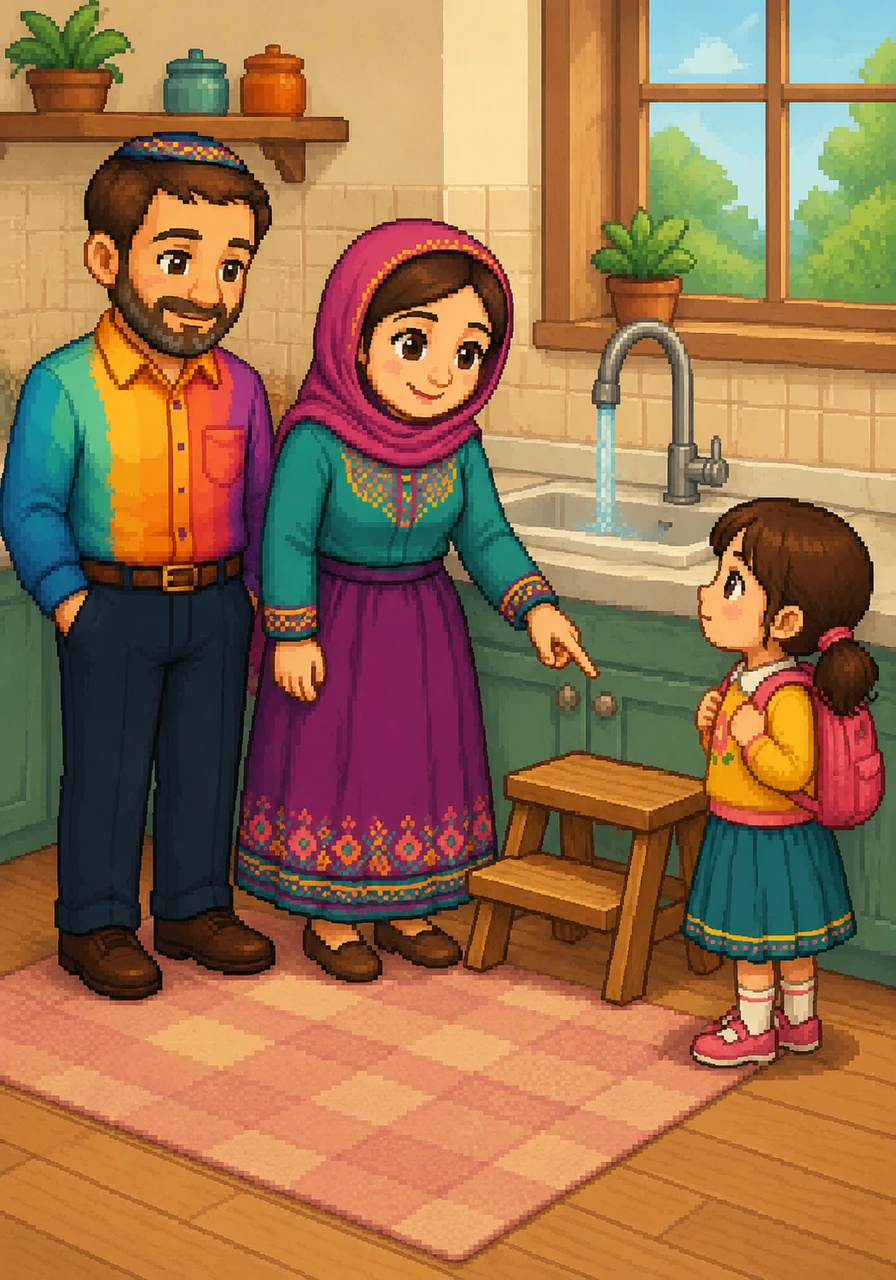 Mommy points to a small wooden stepping stool in front of the tall kitchen sink. She explains that just as the stool helps Miri reach the water without being the source of the water, our hard work is the tool we use to reach Hashem's blessings.