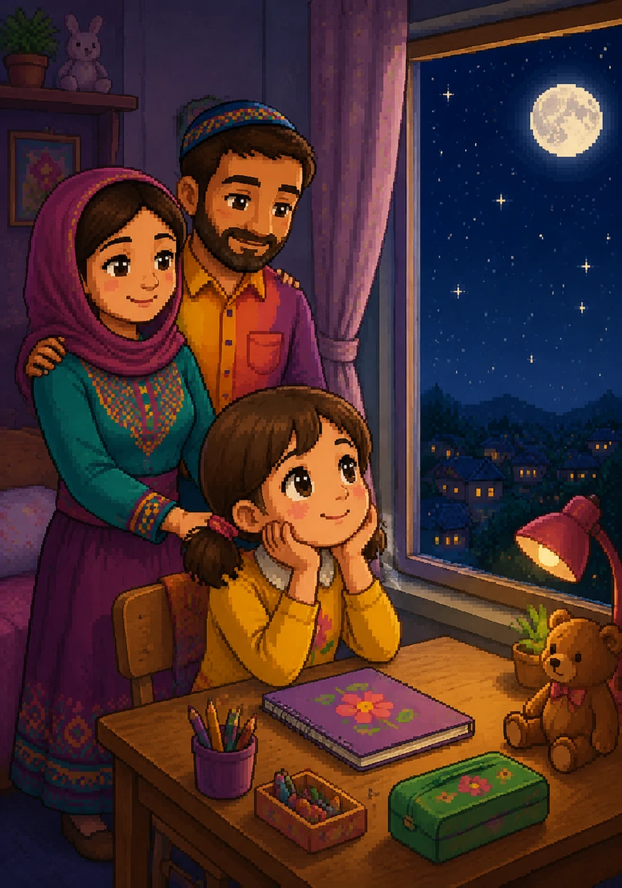 Miri gazes out of her bedroom window at a vast night sky filled with twinkling stars and a glowing moon. She finally understands that her job is to work hard with her hands while keeping her heart full of trust in Hashem.
