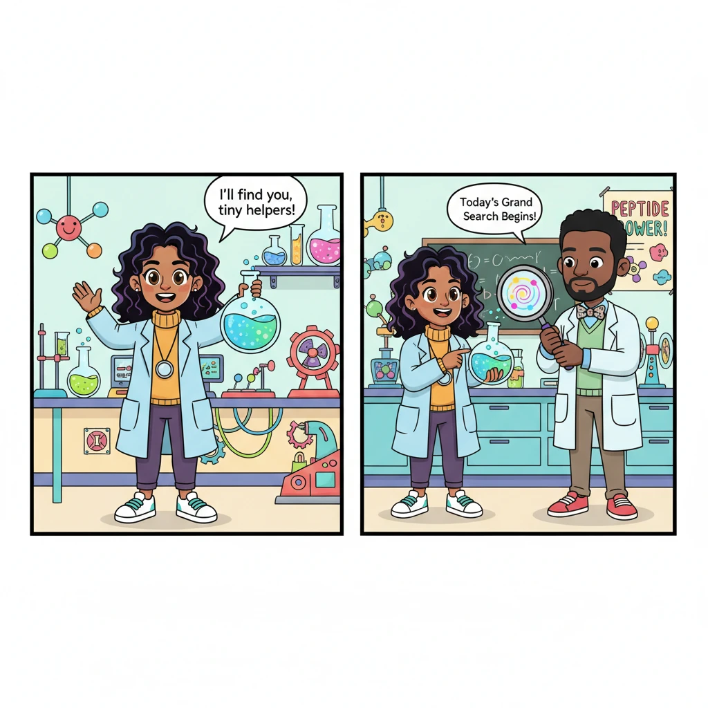 Pip Sparkle, a scientist with a twinkle in her eye, stood in her colorful lab, surrounded by bubbling beakers and whirring gadgets. She dreamed of finding tiny, invisible helpers called "peptides" to make everyone feel super strong and happy. With a big smile, she knew today was the day to start her grand search!