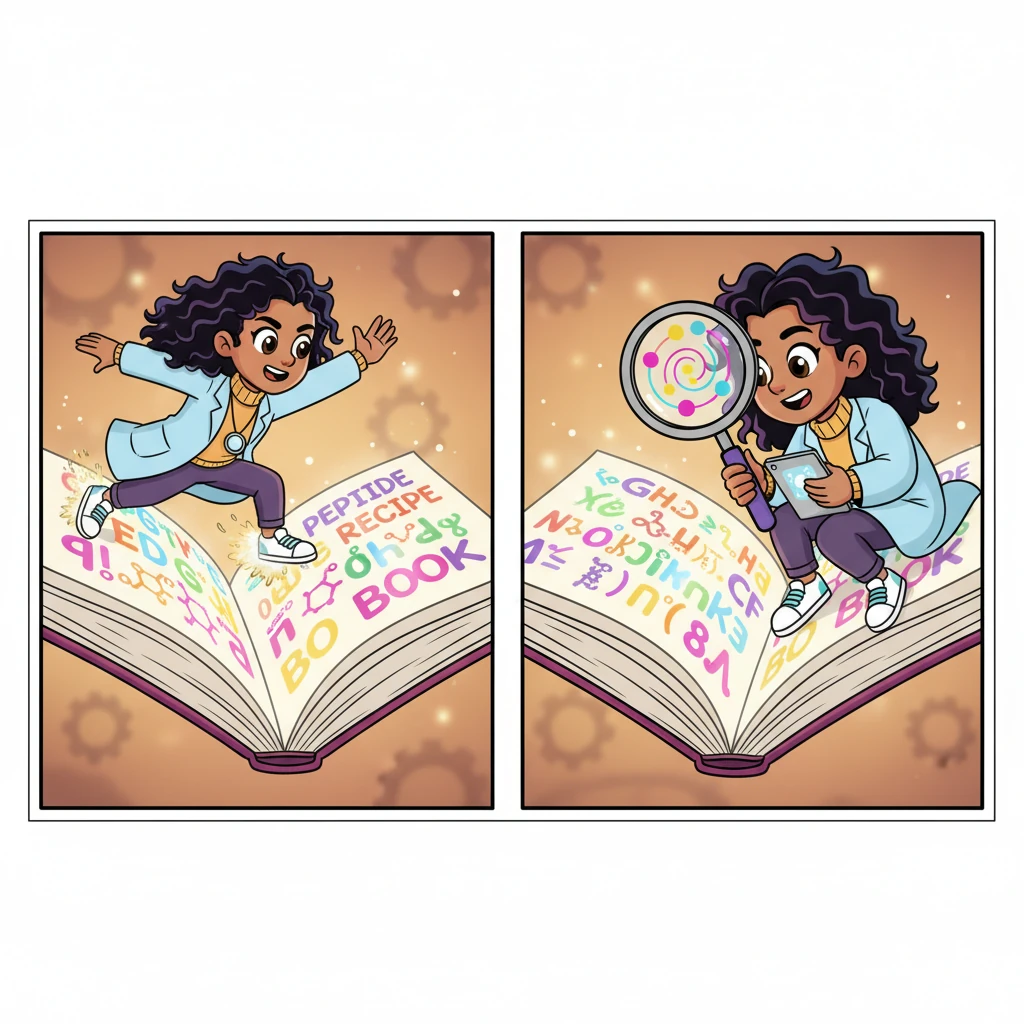 First, Pip zipped over to her giant "Peptide Recipe Book" – a magical, glowing tome filled with countless ingredient sequences. She carefully selected the most promising "peptide recipes," each one a unique string of colorful letters, believing one held the key to a healthier world. Her trusty magnifying glass zoomed in on every tiny detail.