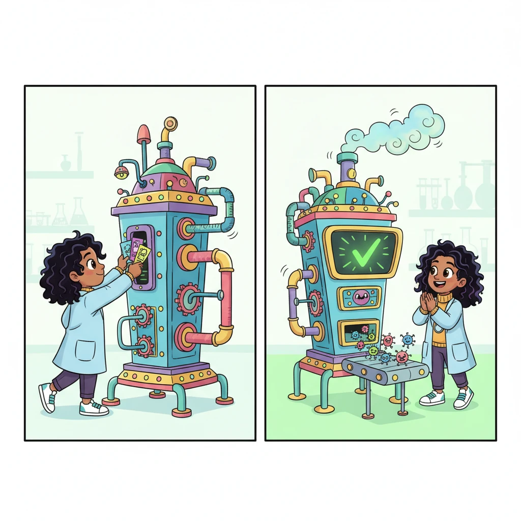 Next, Pip fed her chosen peptide recipes into the "Predict-O-Matic," a wonderfully wacky machine with spinning gears and blinking lights. With a joyful whir and a playful puff of smoke, the machine instantly sorted the recipes, predicting which tiny helpers would be the most energetic and useful. Pip giggled as it flashed green for "super helpful!"