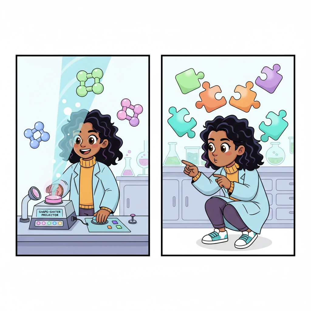 Now, it was time to see what her peptides looked like! Pip activated her "Shape-Shifter Projector," which made each peptide sequence transform into a bouncy, colorful 3D puzzle piece floating in the air. She carefully observed their unique forms, imagining how they might fit together.