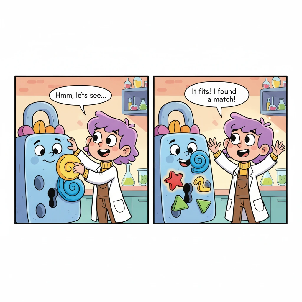 Pip then gently guided her colorful peptide puzzle pieces towards a giant, friendly-looking protein lock. She tried different shapes, watching closely as some pieces clicked perfectly into the lock's intricate grooves, forming a snug and happy embrace. These were the special matches she was looking for!