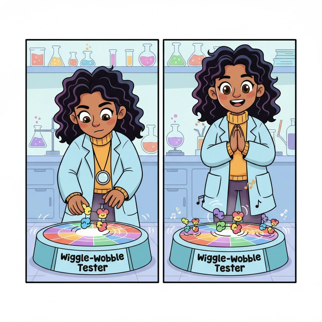 To ensure her peptide-protein pairs were truly strong, Pip placed them on the "Wiggle-Wobble Tester," a platform that gently vibrated like a tiny dance floor. She watched them sway and jiggle, making sure they stayed perfectly connected and stable through every twist and turn.