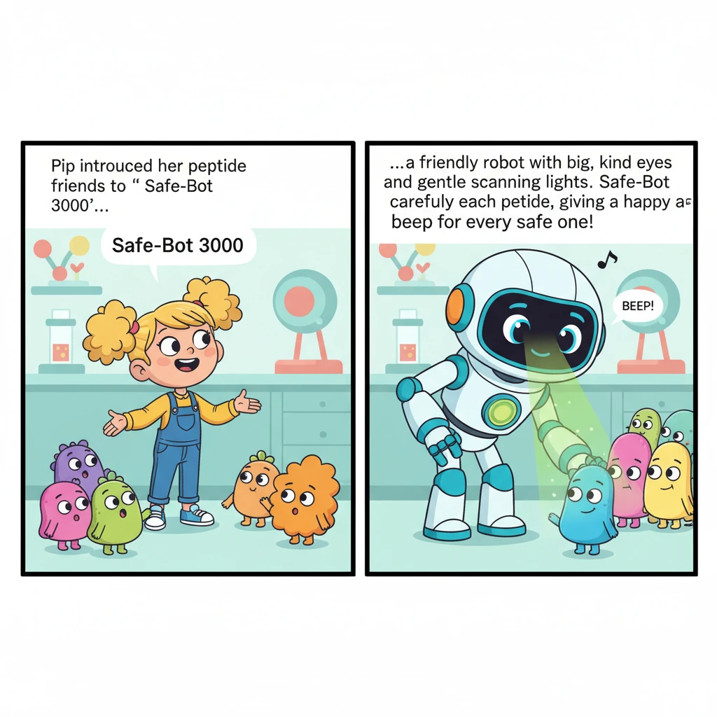 Safety first! Pip introduced her peptide friends to "Safe-Bot 3000," a friendly robot with big, kind eyes and gentle green scanning lights. Safe-Bot carefully checked each peptide, making sure it was perfectly harmless and ready to be a true helper, giving a happy beep for every safe one.