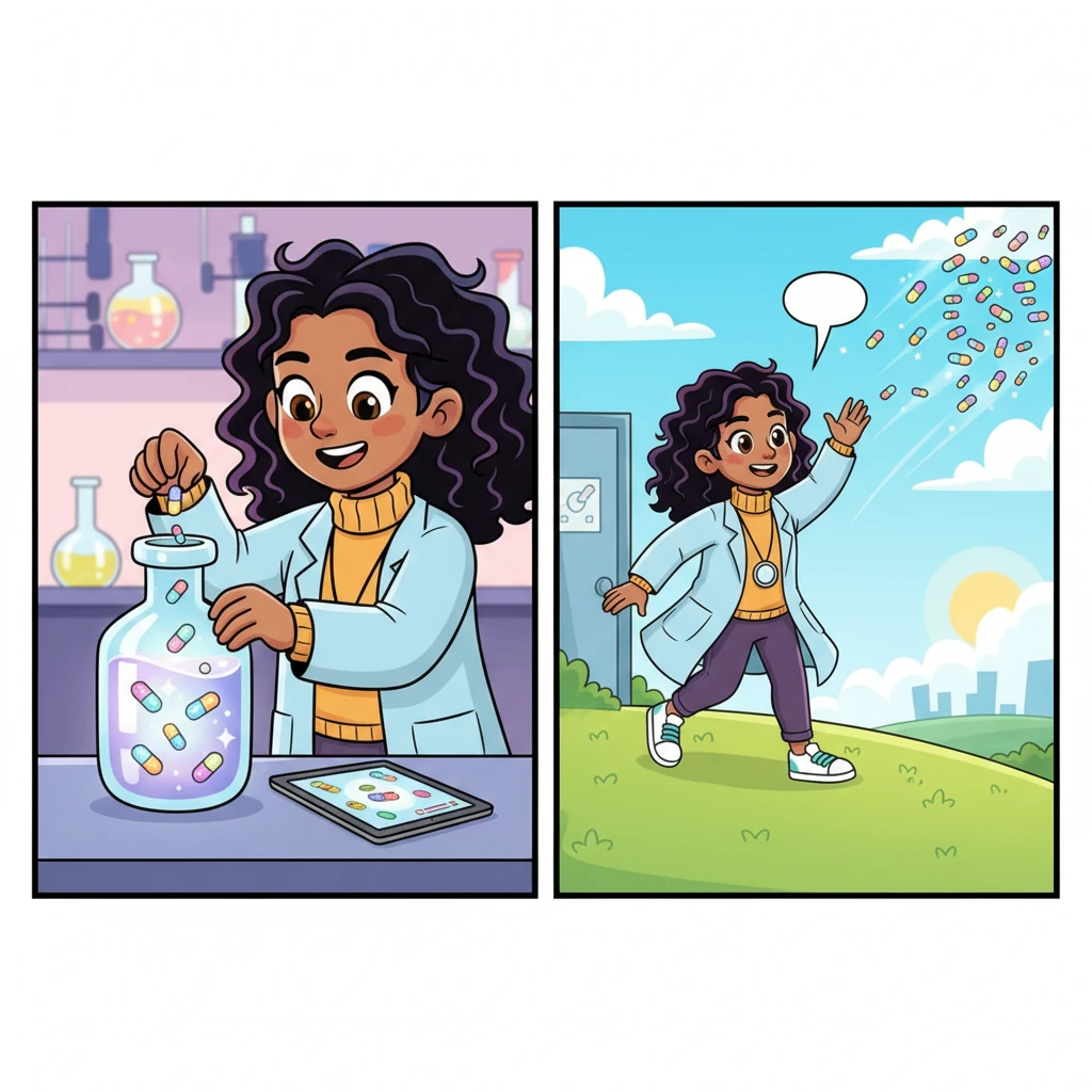 With a big, proud smile, Pip carefully collected her chosen peptide champions in a special, shimmering vial. She knew they were ready for their next big adventure, ready to go out into the world and help make everyone feel their very best. "Go, little heroes, go!" she whispered, waving goodbye.